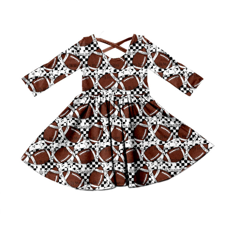 MOQ 5 plaid football long sleeves baby girls dresses