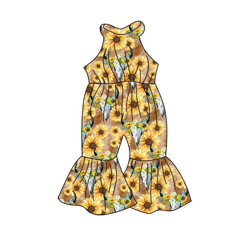 MOQ 5 bull skull sunflower sleeveless baby girls jumpsuit