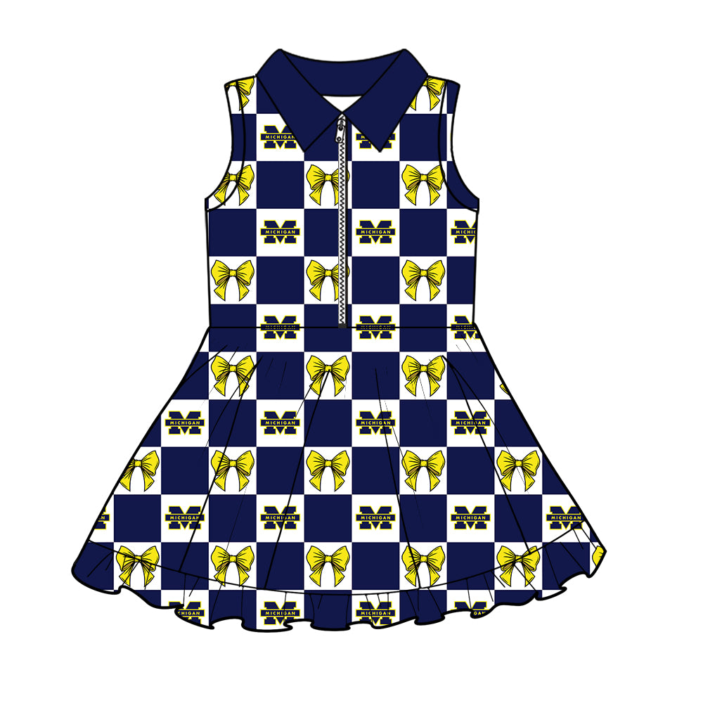 MOQ 5 pcs sleeveless plaid bow navy yellow M girls team athletic polo dress