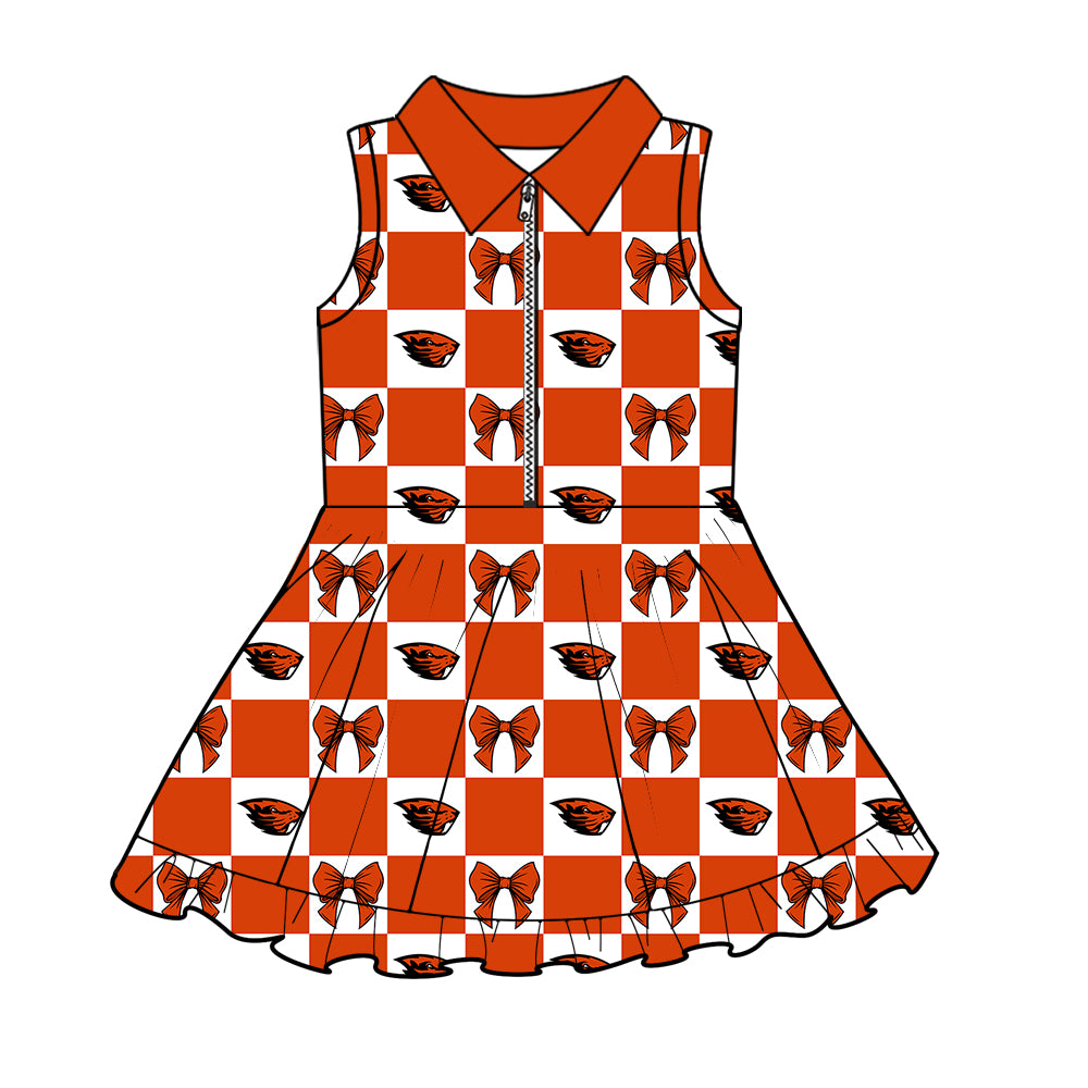 MOQ 5 pcs sleeveless orange plaid bow girls team athletic polo dress