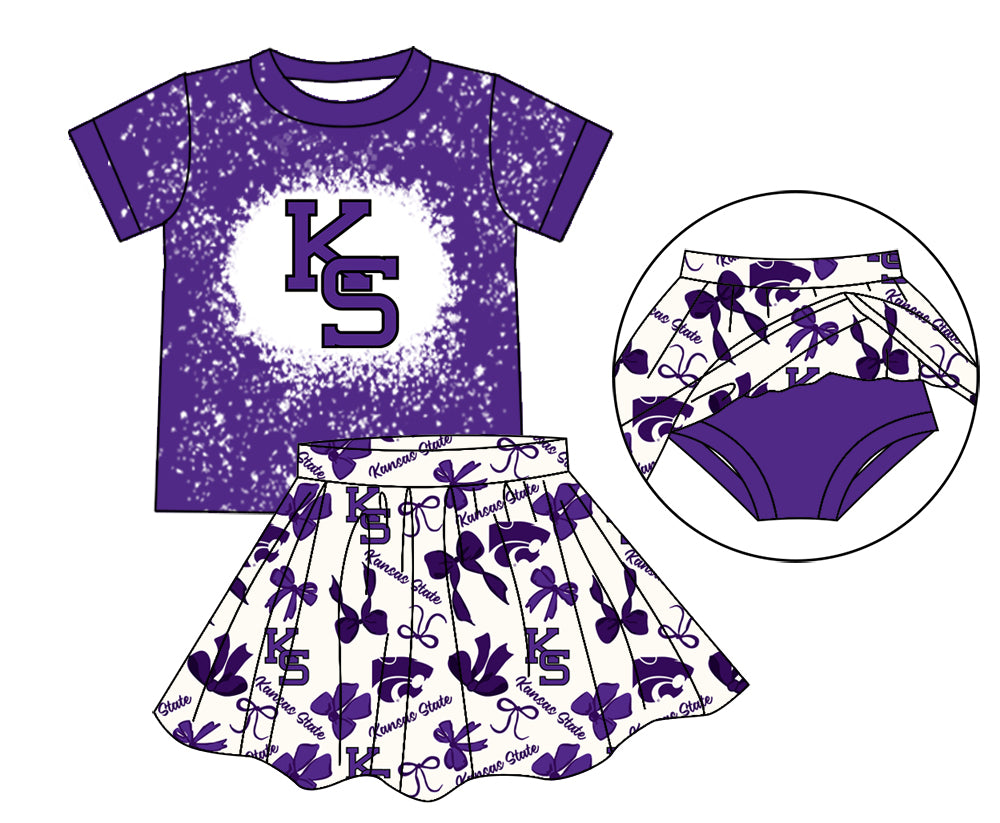 MOQ 3 pcs purple K S bleached top bow skirt girls team outfits