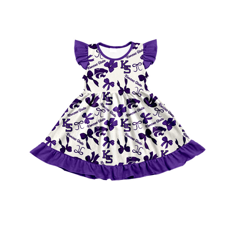 MOQ 3 pcs flutter sleeves K S purple bows girls team dress