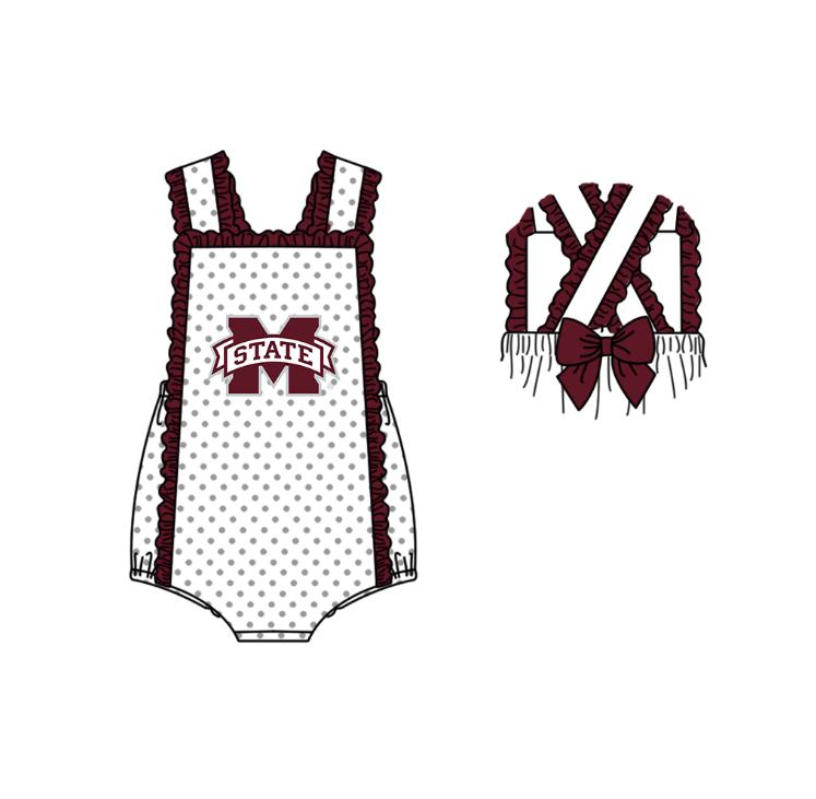 MOQ 5 pcs white polka dots sleeveless brown bow M baby girls team romper