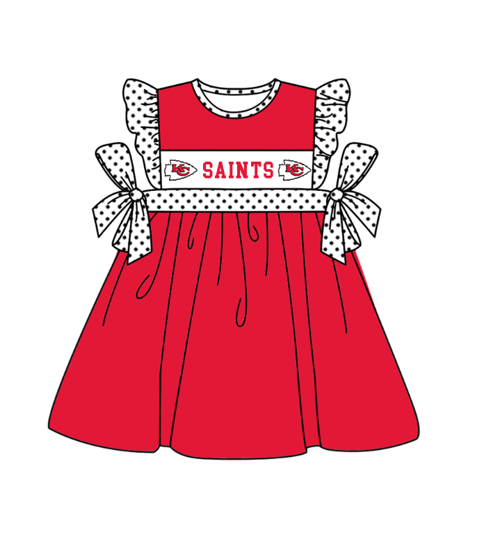 MOQ 5 pcs red flying sleeves white polka dots bow KC girls team dresses