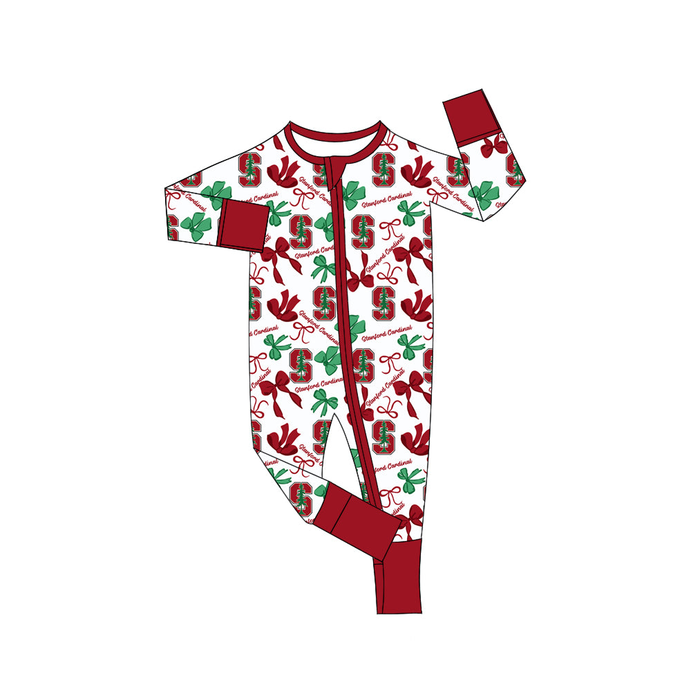 MOQ 3 pcs long sleeves S red bows baby team zip romper