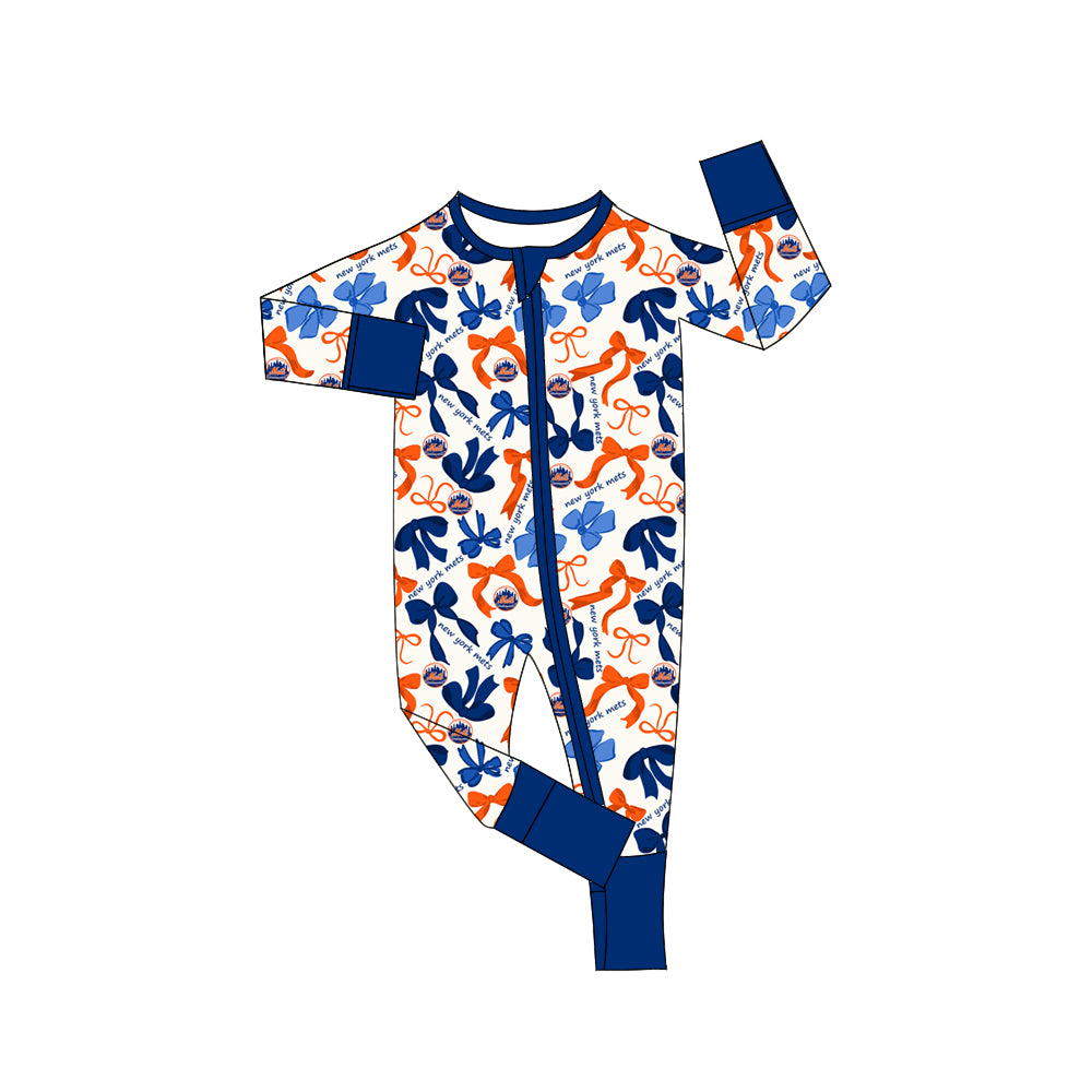 MOQ 3 pcs long sleeves orange blue bows baby team zip romper