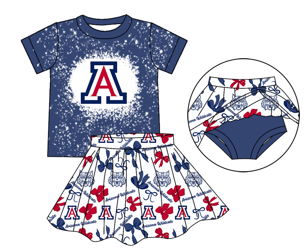 MOQ 3 pcs Blue A bleached top bow skirt girls team outfits