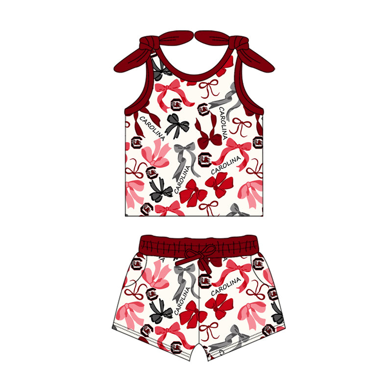 MOQ 3 pcs sleeveless maroon bow top shorts girls team clothes