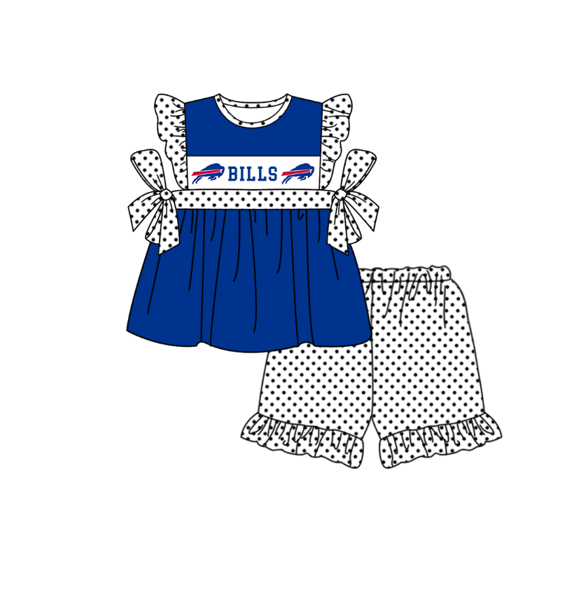 MOQ 5 pcs blue bow B tunic white polka dots ruffle shorts girls team outfit