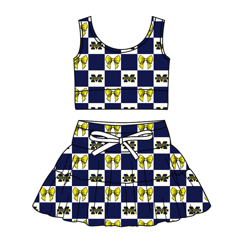MOQ 5 pcs sleeveless navy M bow plaid top skirts girls team active outfits