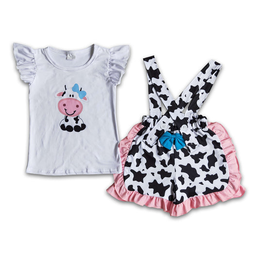 Cow print shirt suspender shorts girls clothing set