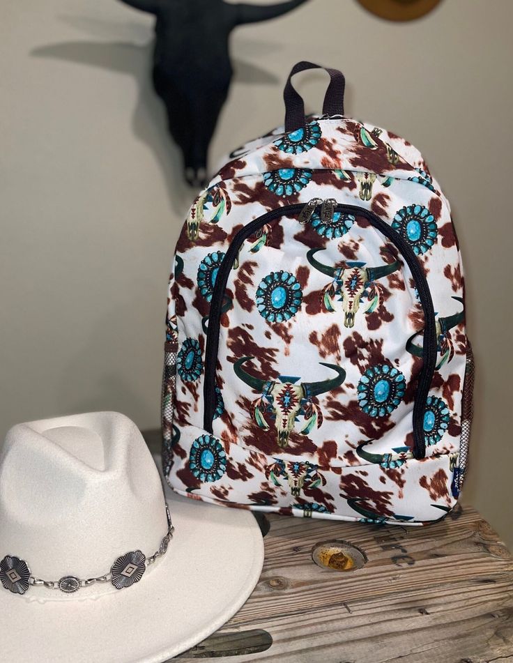Bull skull turquoise kids backpack