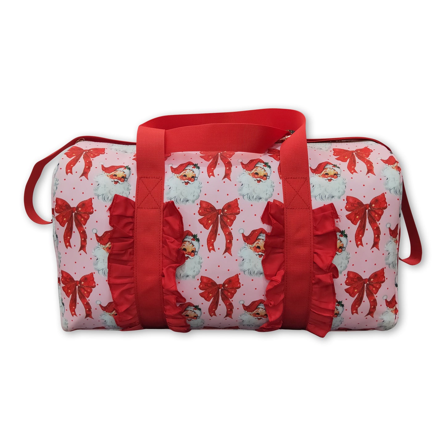 Red ruffle santa polka dots Christmas duffel bag