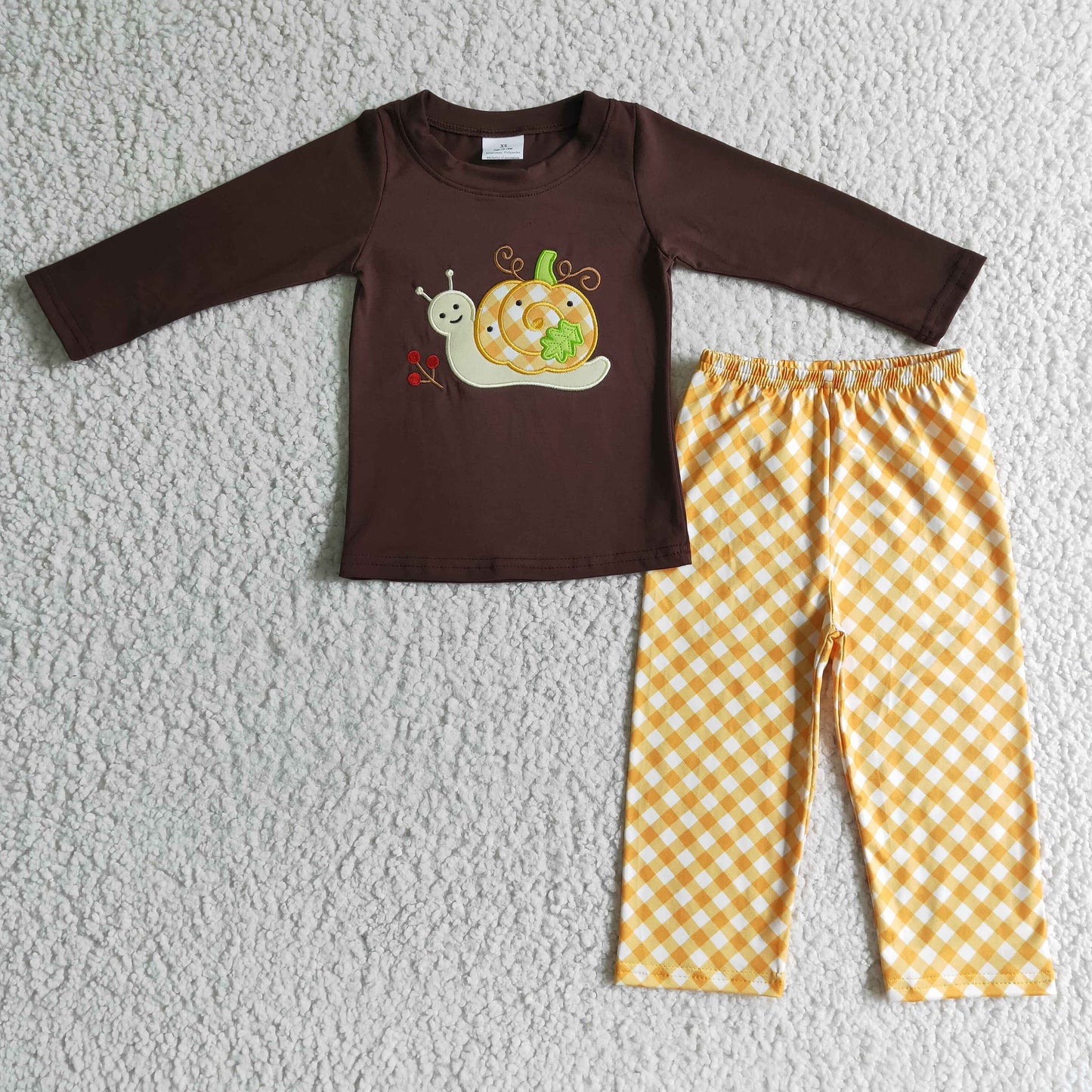 Snails pumpkin embroidery shirt plaid pants kids fall clothing