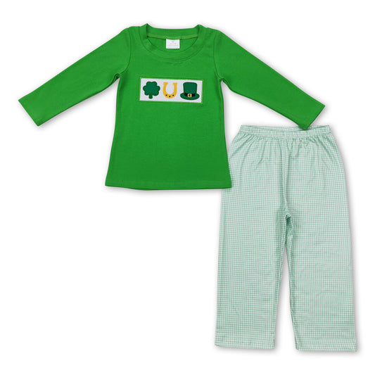 Green clover hat top plaid pants boy st patrick's day clothes