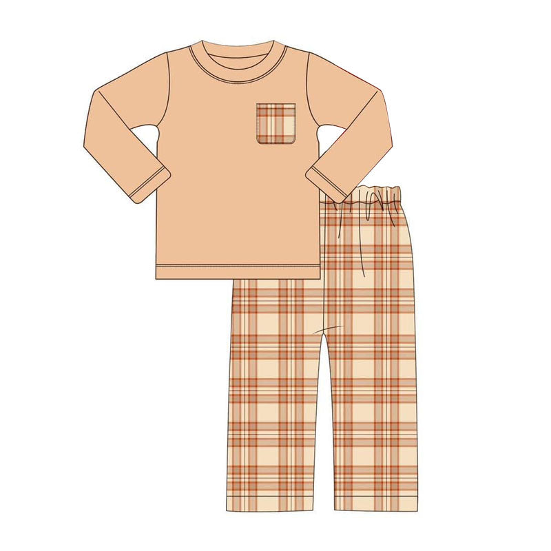 Plaid pocket long sleeves top pants boys clothing
