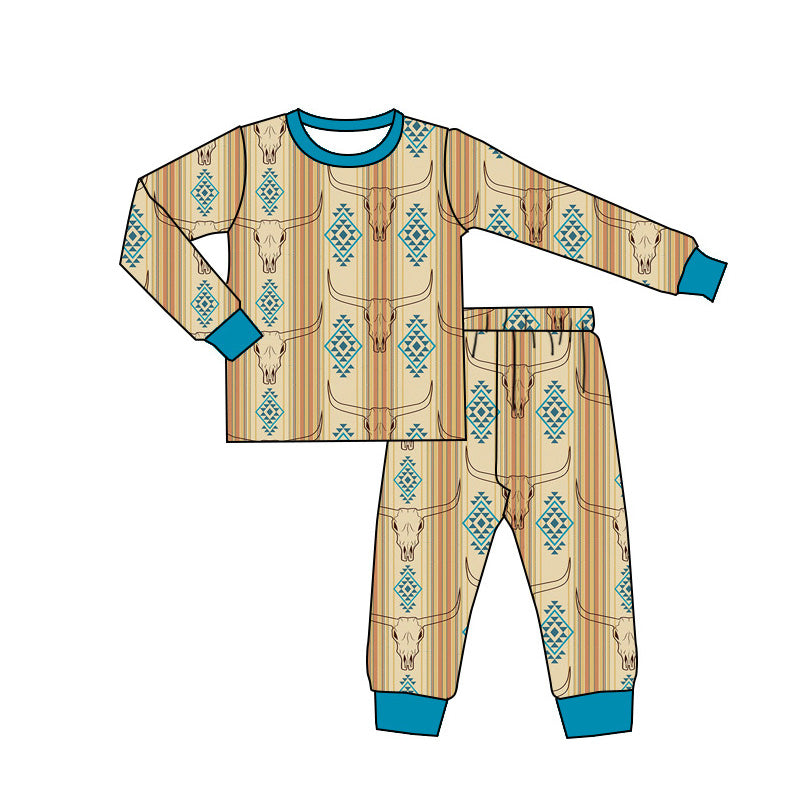 Long sleeves bull skull aztec kids boys pajamas