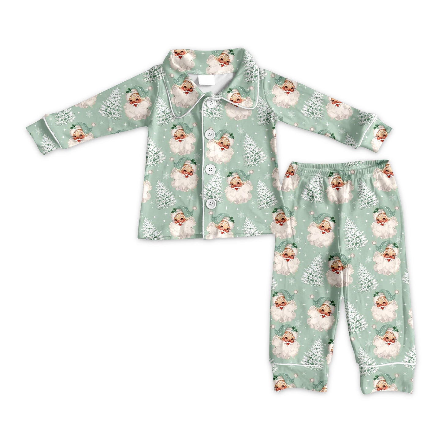 Green Christmas tree santa boy button down pajamas