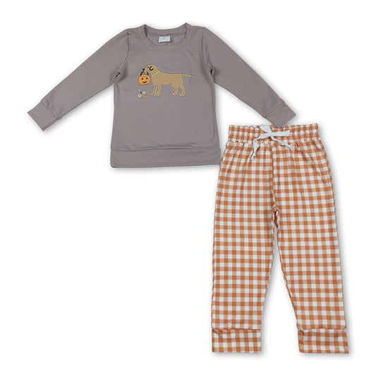 Dog pumpkin basket top black plaid pants kids Halloween set