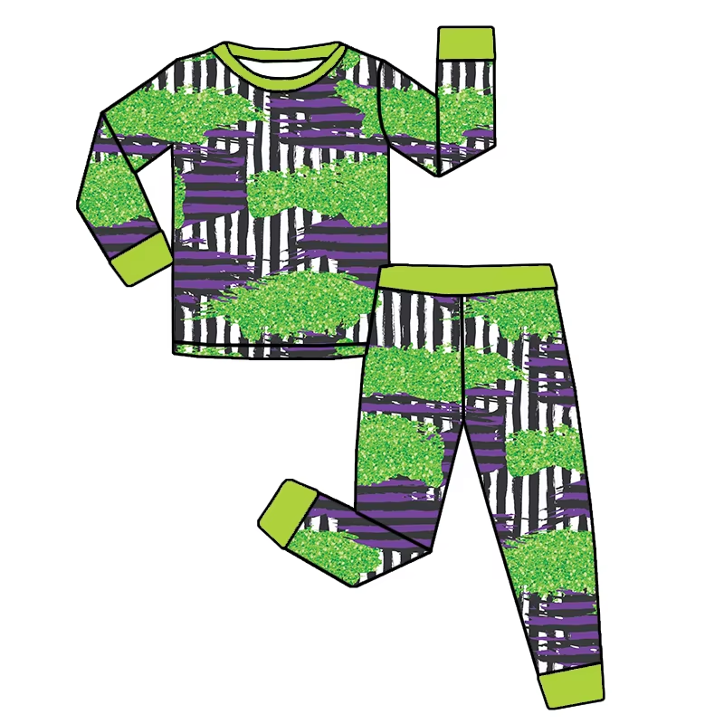 Green purple black stripe baby kids Halloween pajamas