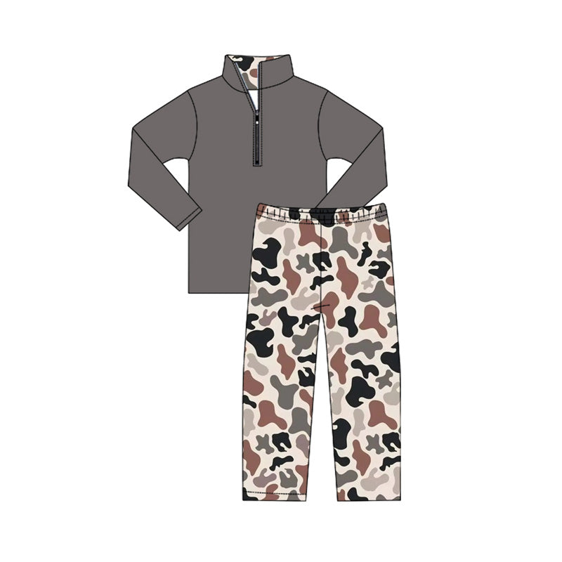 Dark grey zip pullover camo pants boys hunting clothes