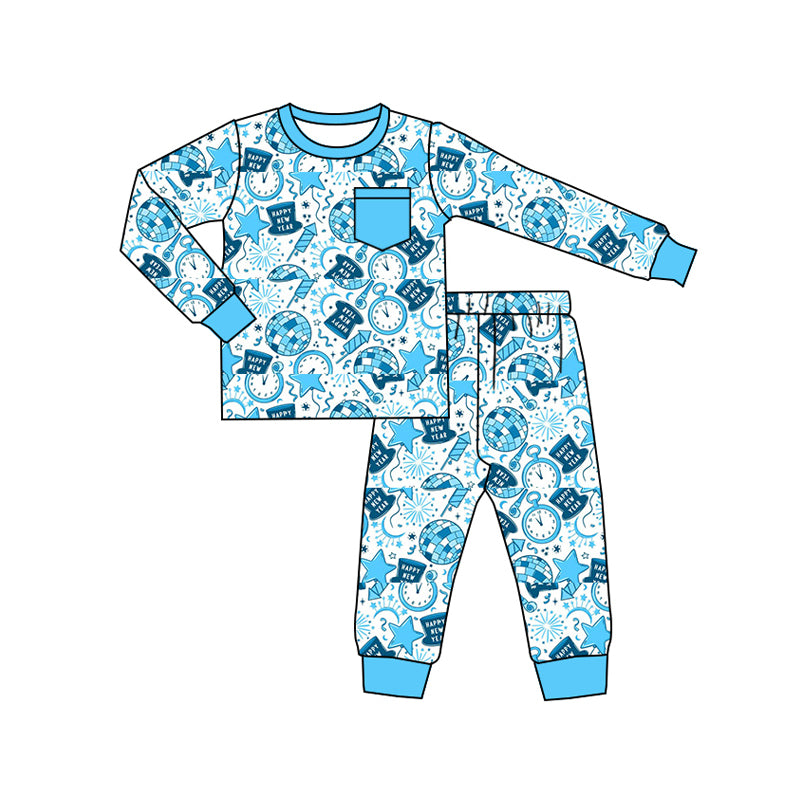 Blue long sleeves clock Happy New Year kids boys pajamas