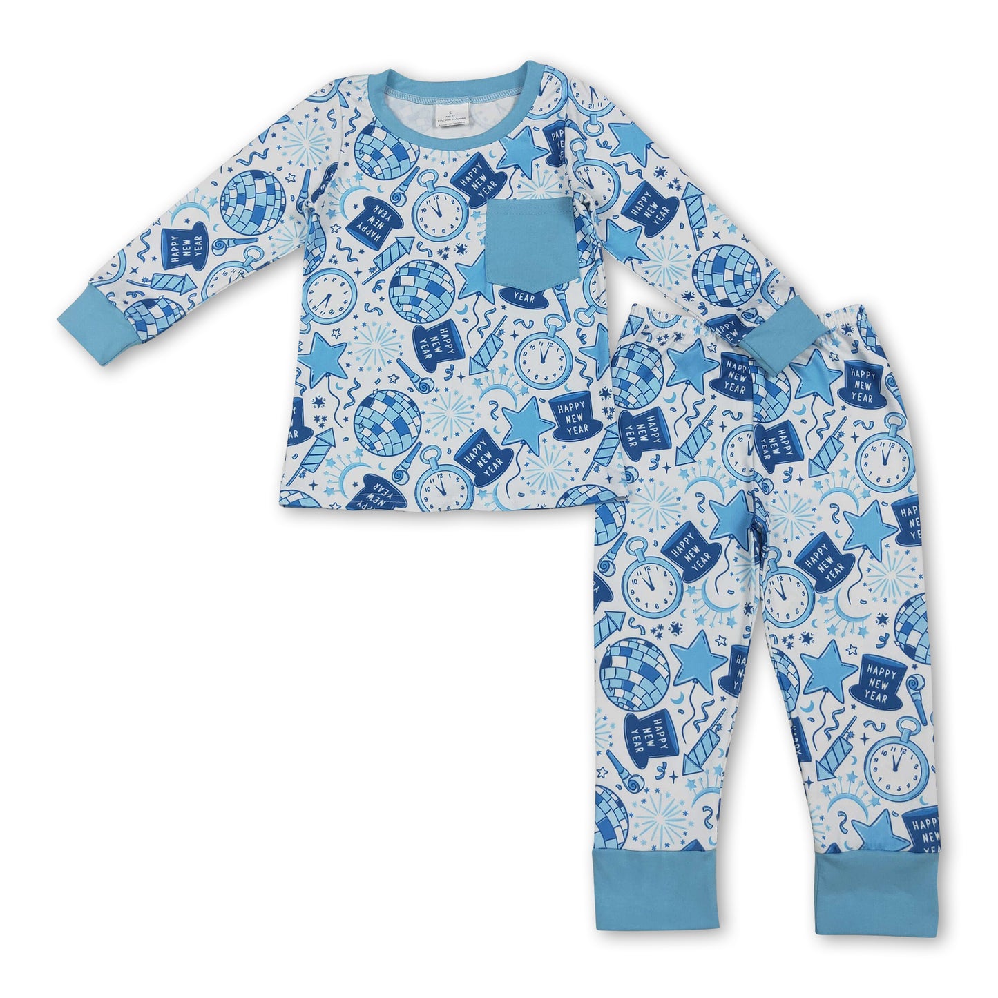 Blue long sleeves clock Happy New Year kids boys pajamas