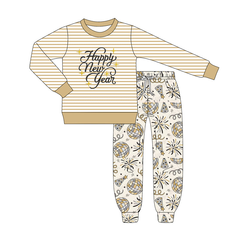 Long sleeves stripe Happy New Year kids clothing set