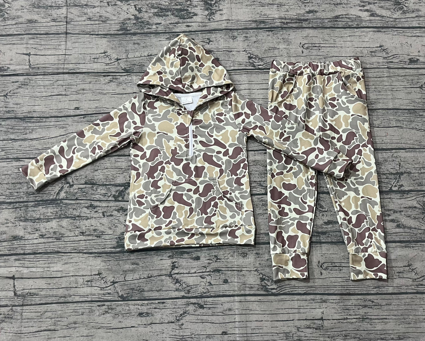 Camo zip pocket hoodie pants hunting kids clothing set