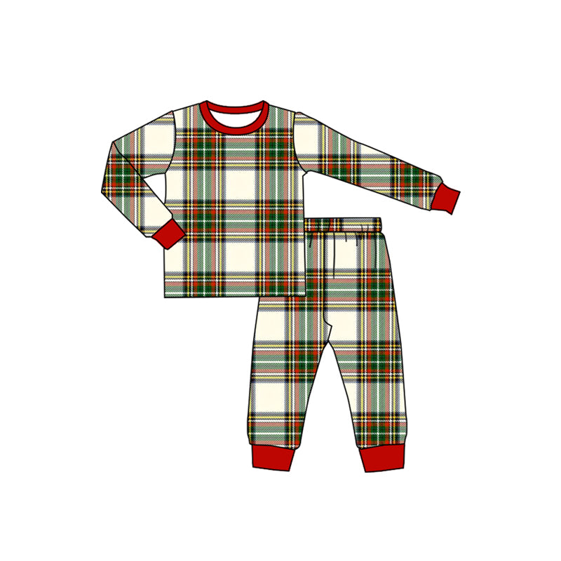 Long sleeves green red plaid baby kids Christmas pajamas