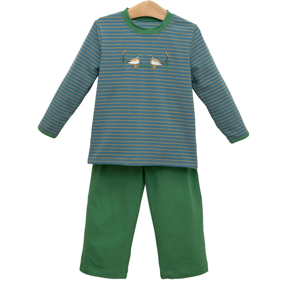 Long sleeves green stripe duck embroidery kids boys set