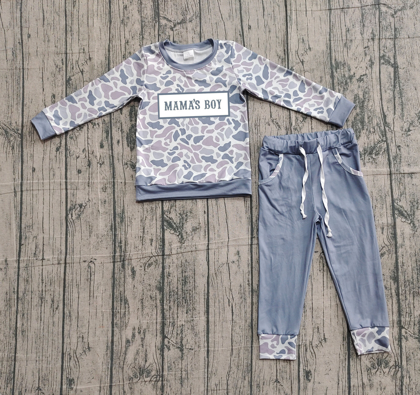 Mama's boy grey camo top pocket pants children outfits