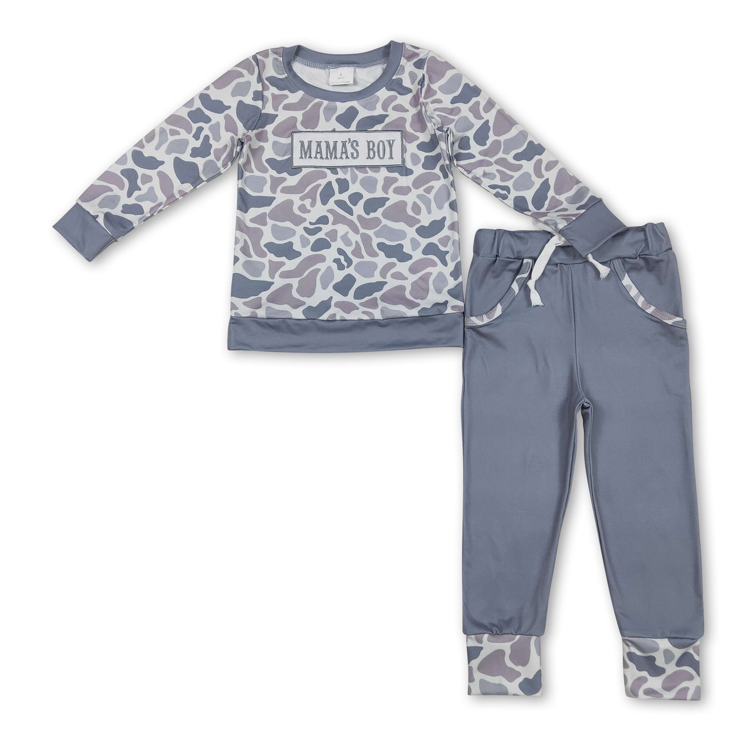 Mama's boy grey camo top pocket pants children outfits