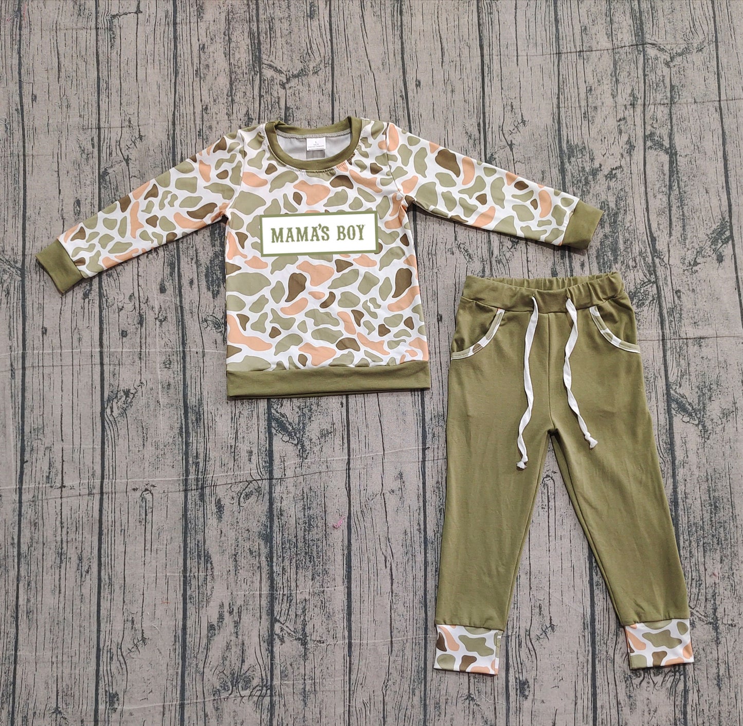 Mama's boy green camo top pocket pants children outfits