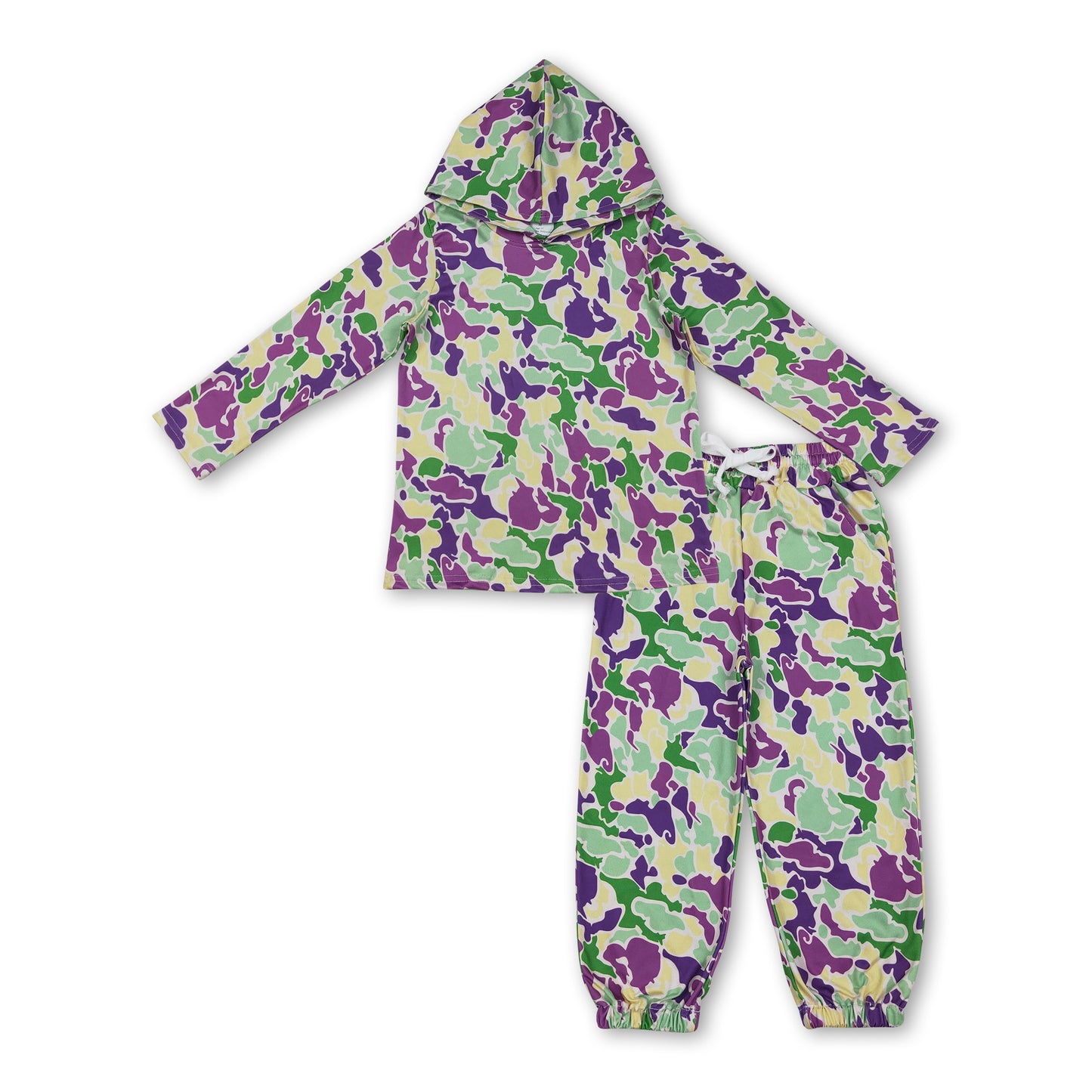 Purple green yellow camo hoodie pants kids Mardi Gras outfits