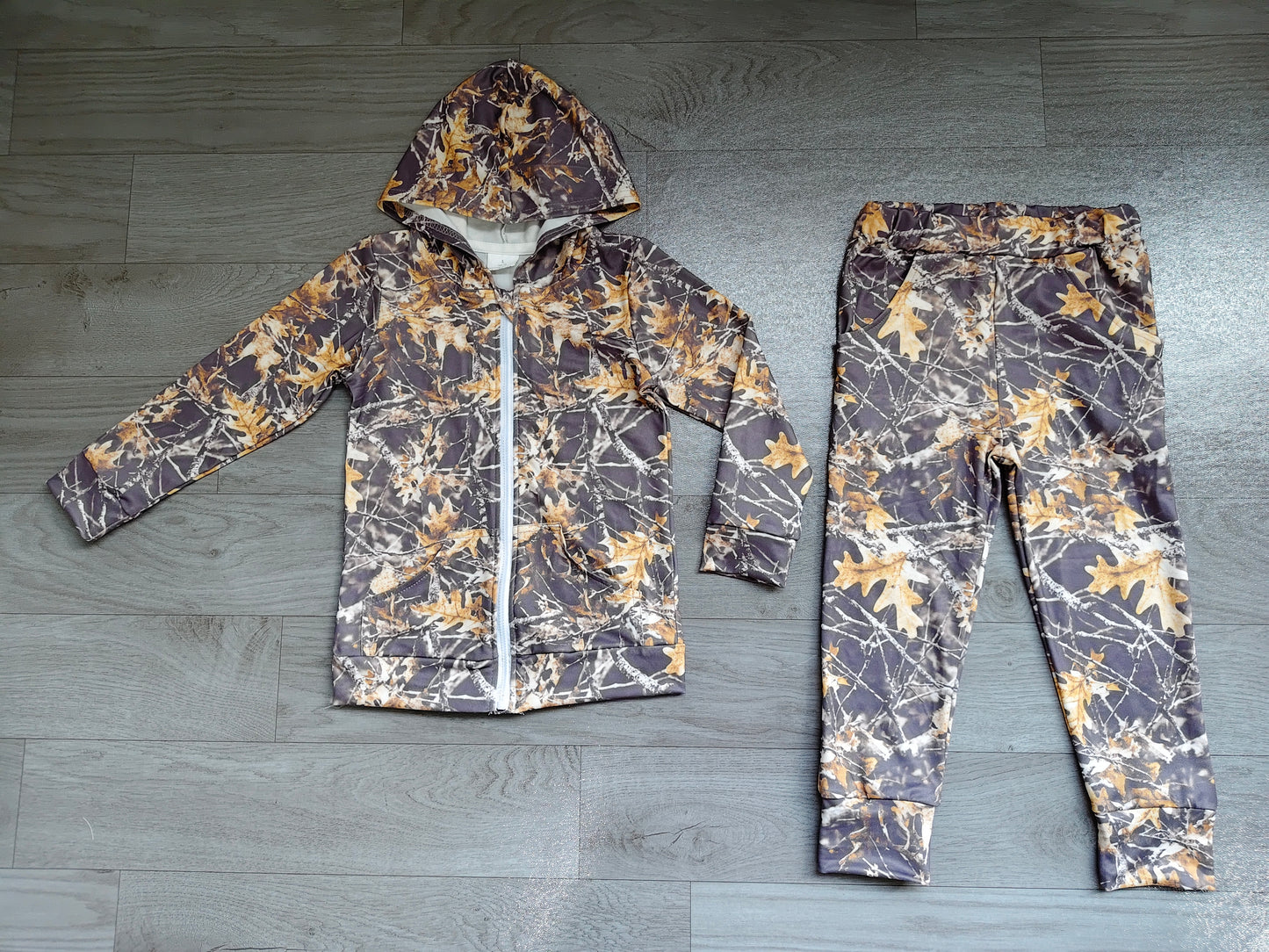 Long sleeves leaves camo hooded jacket pants boys outfits