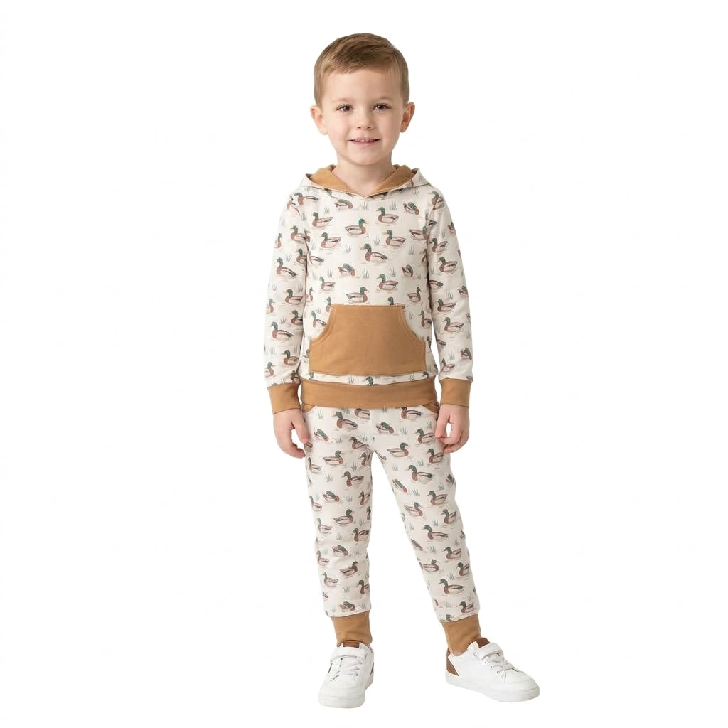 Long sleeves pocket duck hoodie pants boy hunting set