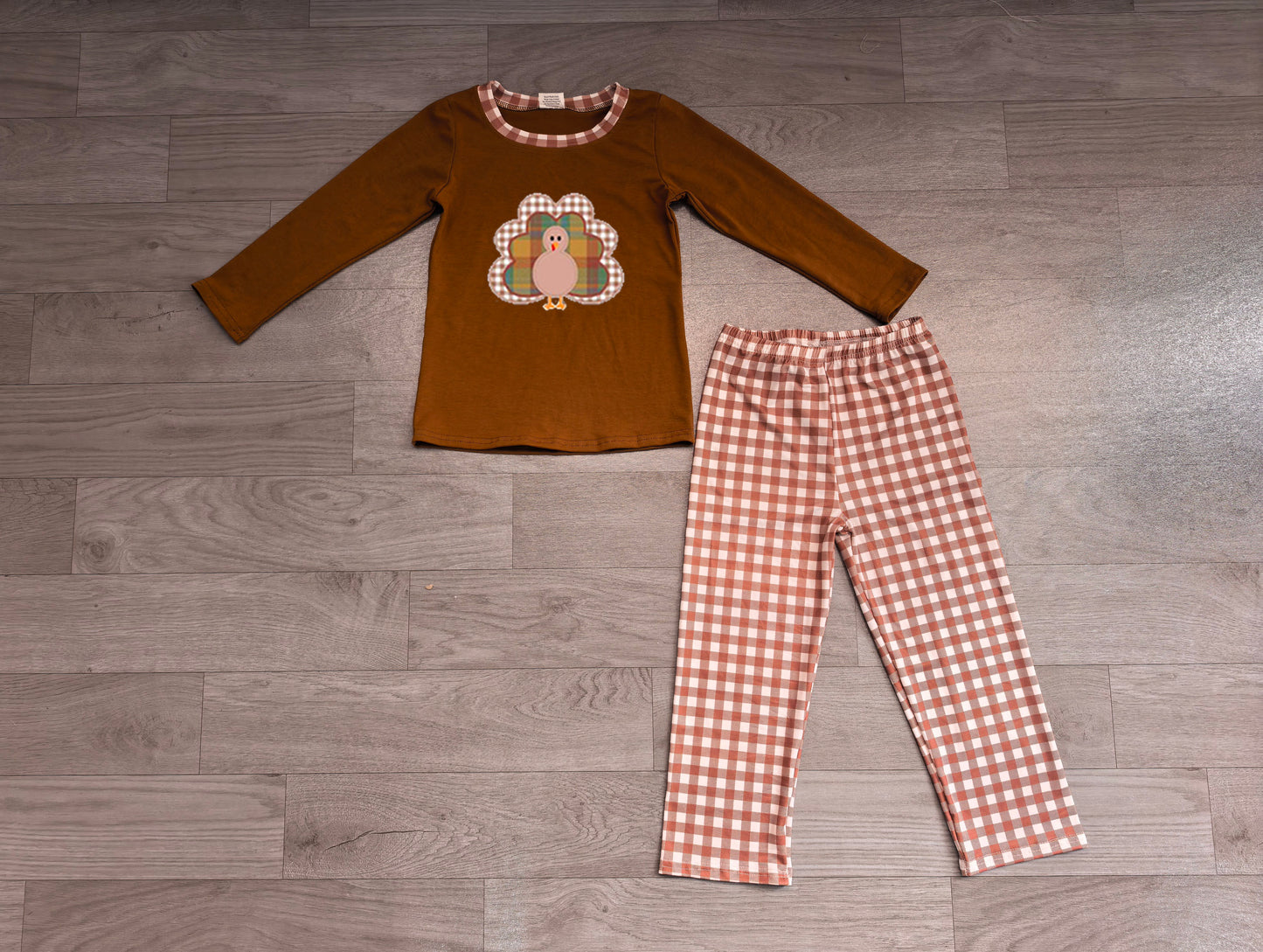 Brown turkey embroidery top pants boy Thanksgiving set