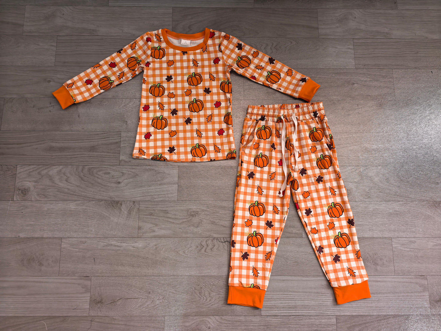 Long sleeves plaid leaves pumpkin boy fall pajamas