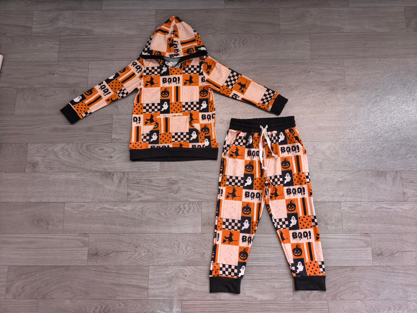 Long sleeves boo ghost pumpkin kids Halloween hoodie set