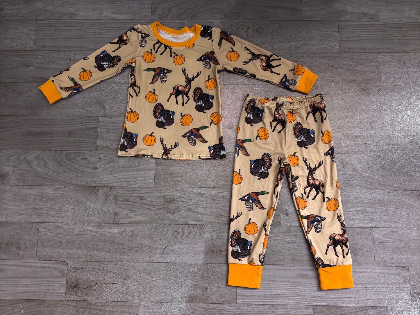 Long sleeves deer duck turkey pumpkin boy fall pajamas