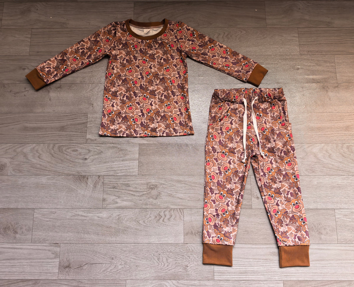 Long sleeves deer camo top pants boys Christmas pajamas
