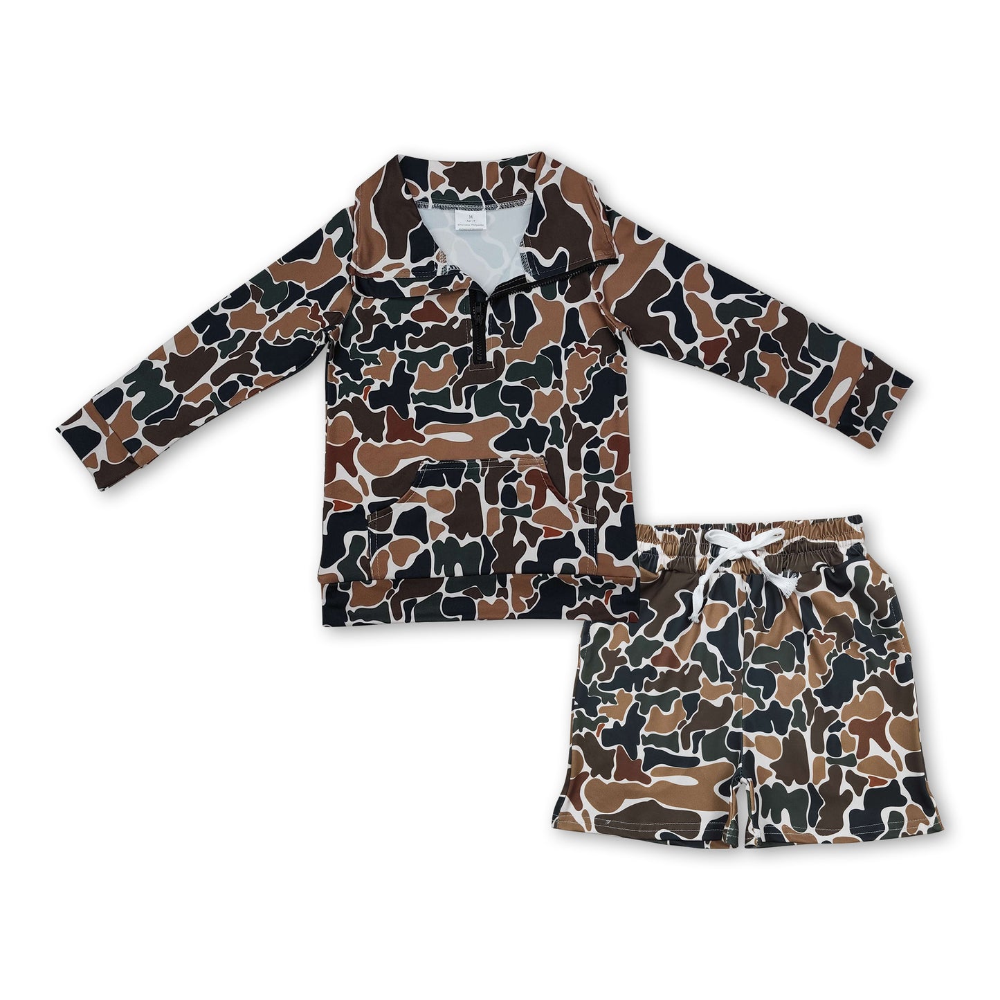 Brown camo pocket zipper pullover shorts kids boys outfits