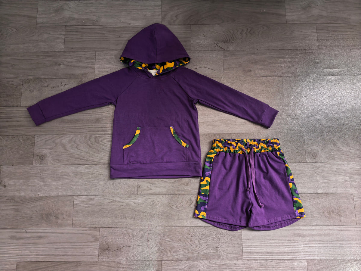 Purple cotton hoodie camo shorts boy Mardi Gras outfits