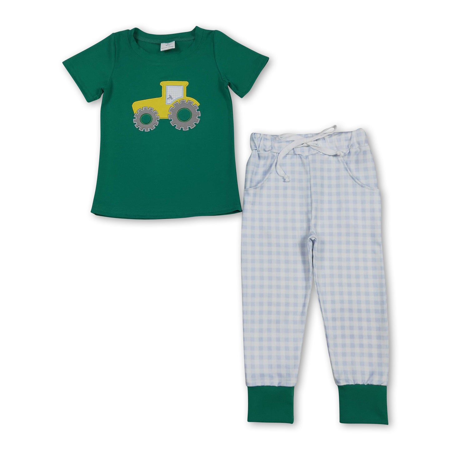 Short sleeves green tractor embroidery top pants boys clothes
