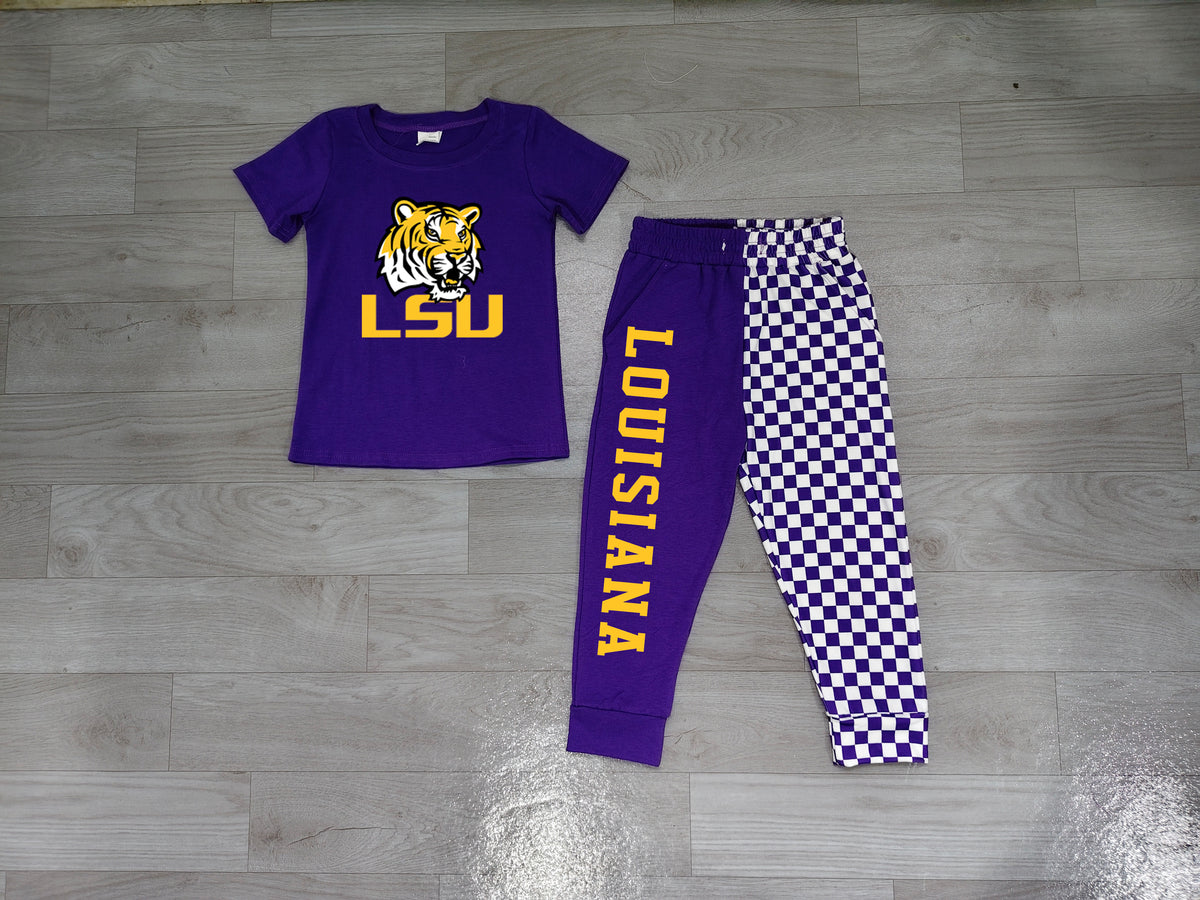 Short sleeves purple tiger top plaid pants kids boys team outfits