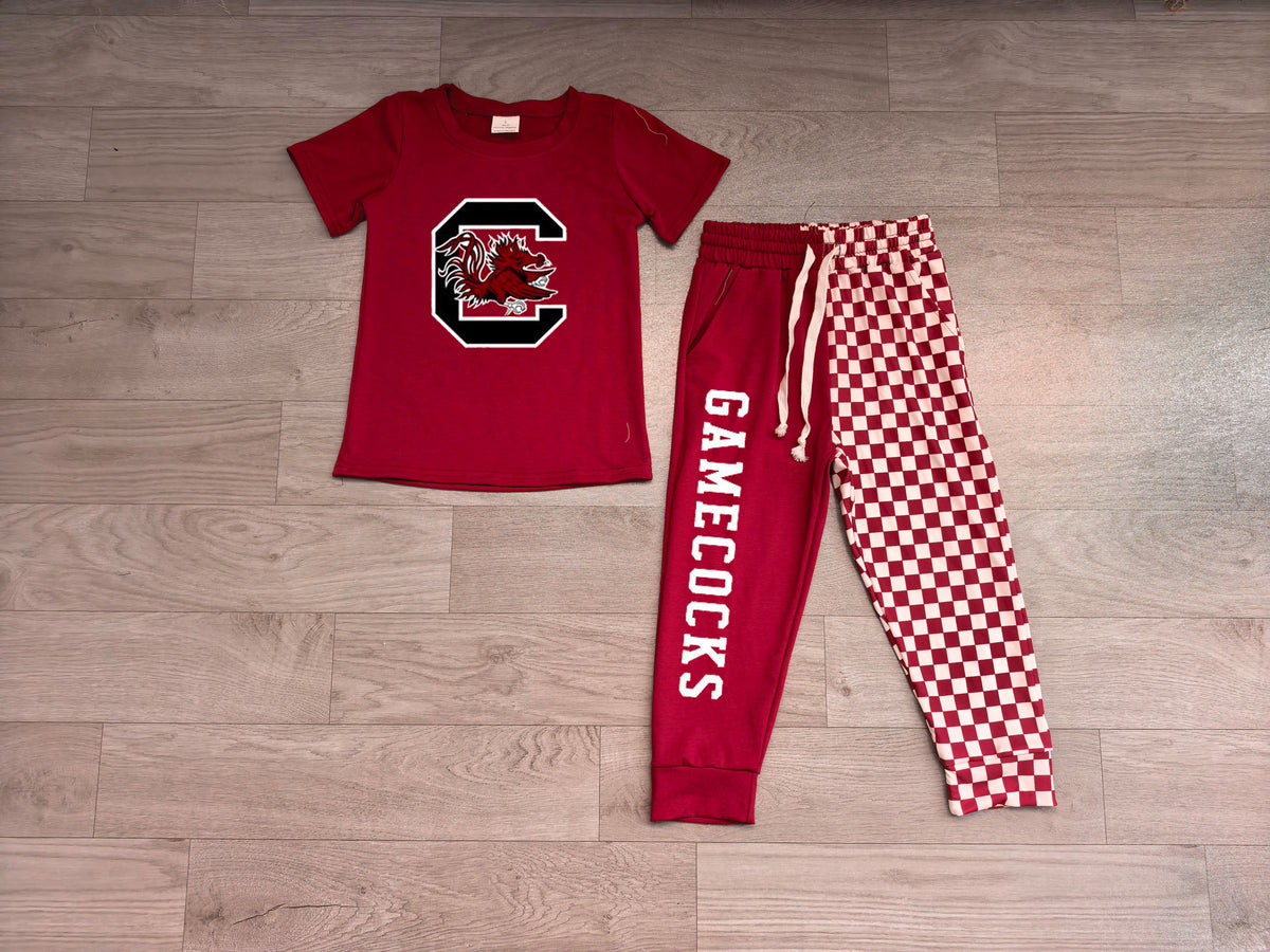 Short sleeves maroon top plaid pants kids boys team outfits