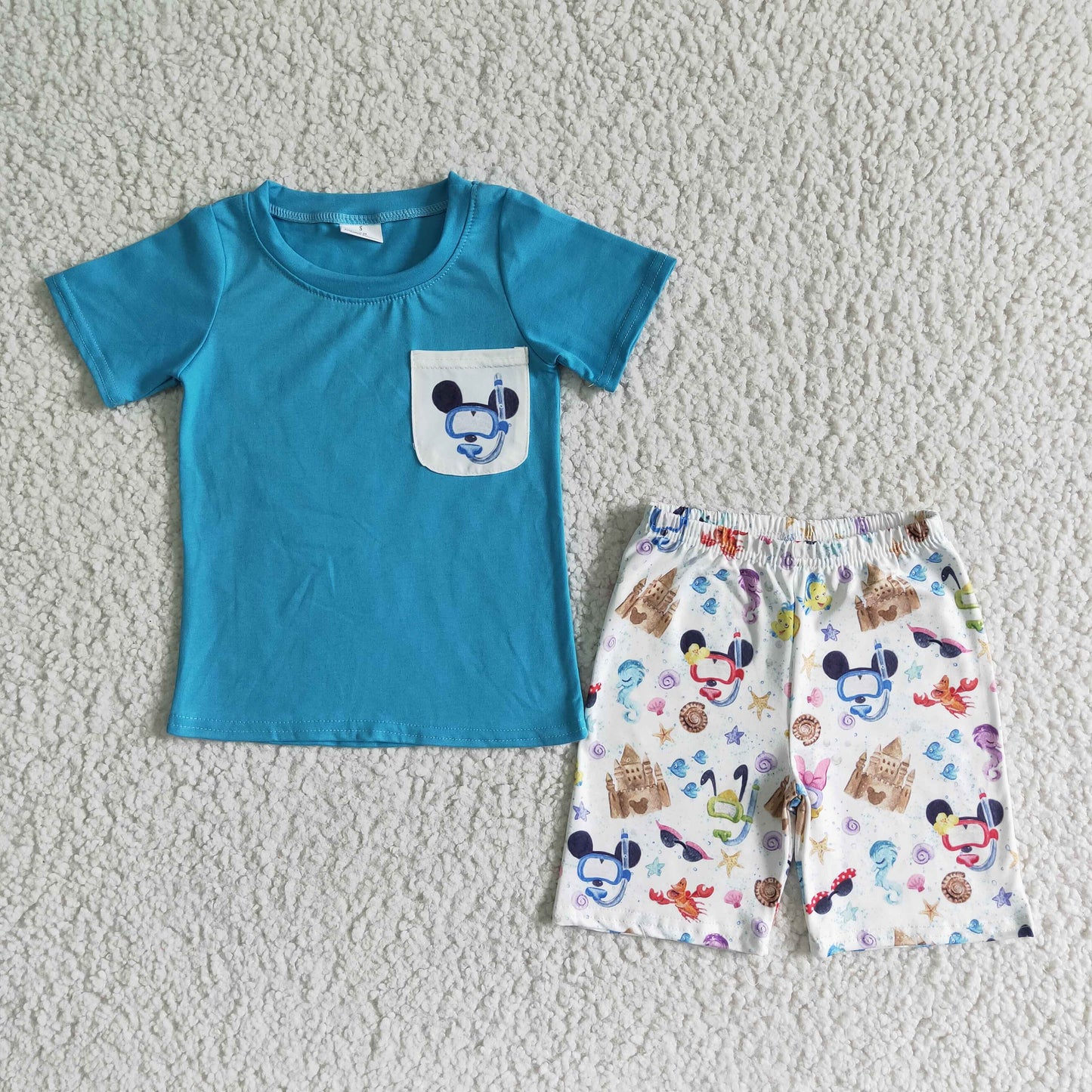 Blue mouse shirt cute print children set cute boy clothes