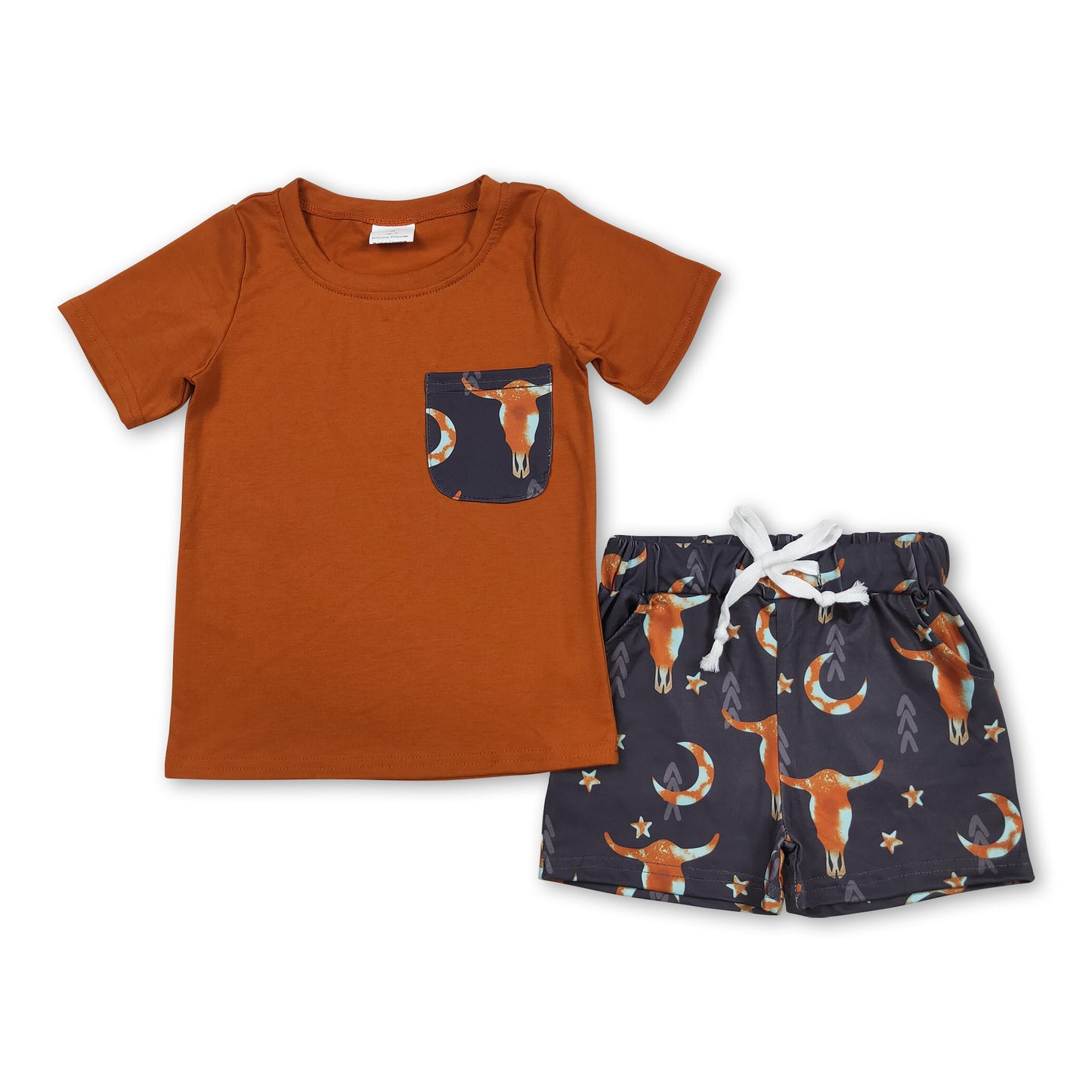 Pocket top bull skull shorts western boys clothes