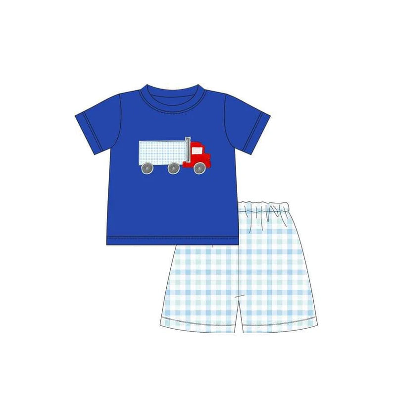 Blue short sleeves truck top plaid shorts kids boys clothes